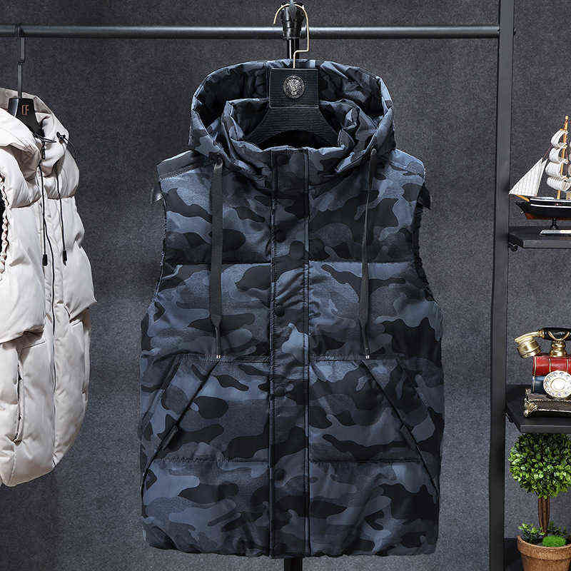 Mens Winter Vests Men's Sleeveless Jacket Thick Camouflage Vest Casual Hooded Waistcoat Male Warm Vests Outwear Plus Size 7XL 211119