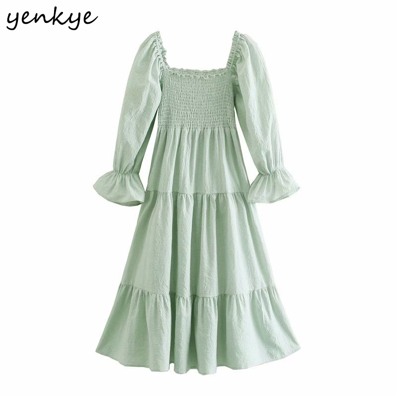 Fashion Women Elegant Party Dress Vintage Solid Sexy Square Neck Long Sleeve Sashes A-line Midi Summer Robe Femme 210430