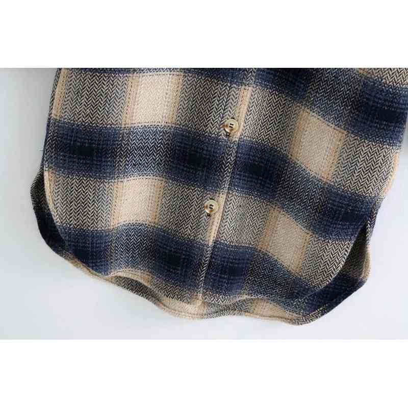 fashion plaid women long shirts autumn casual pockets ladies blouses loose button-fly wool coats girls chic shirt 210430