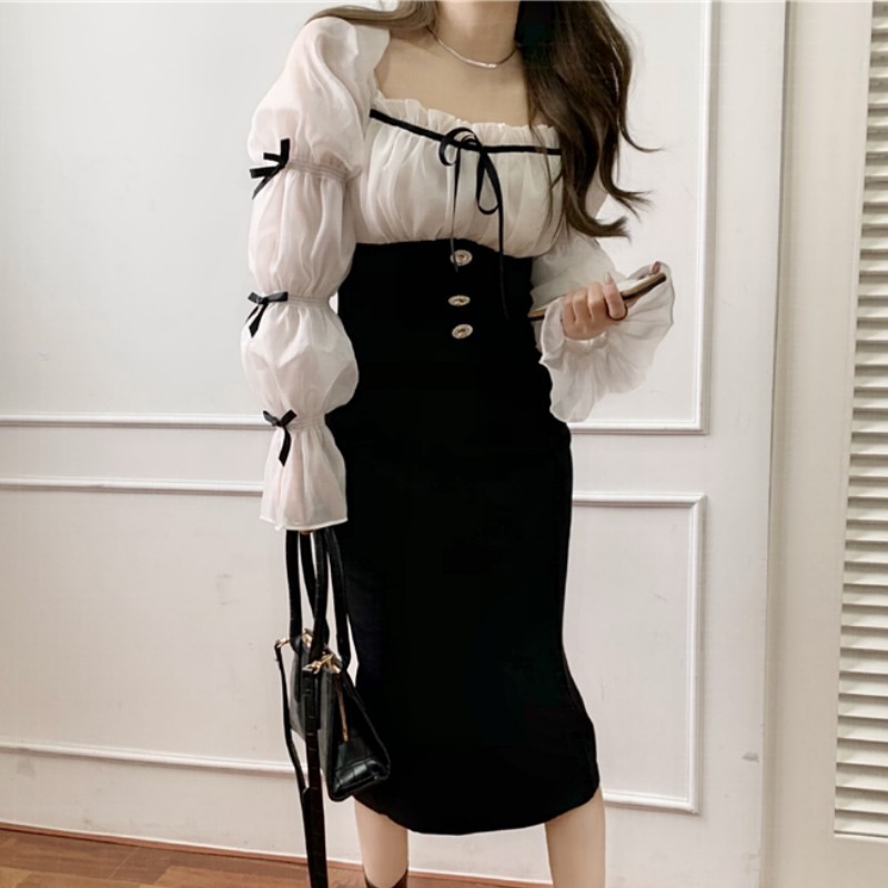 French Style Spring Women's Dress Office Lady Elegant Chiffon Patchwork Bow Square Collar Lantern Sleeve Slim Fashion Dresses 210519