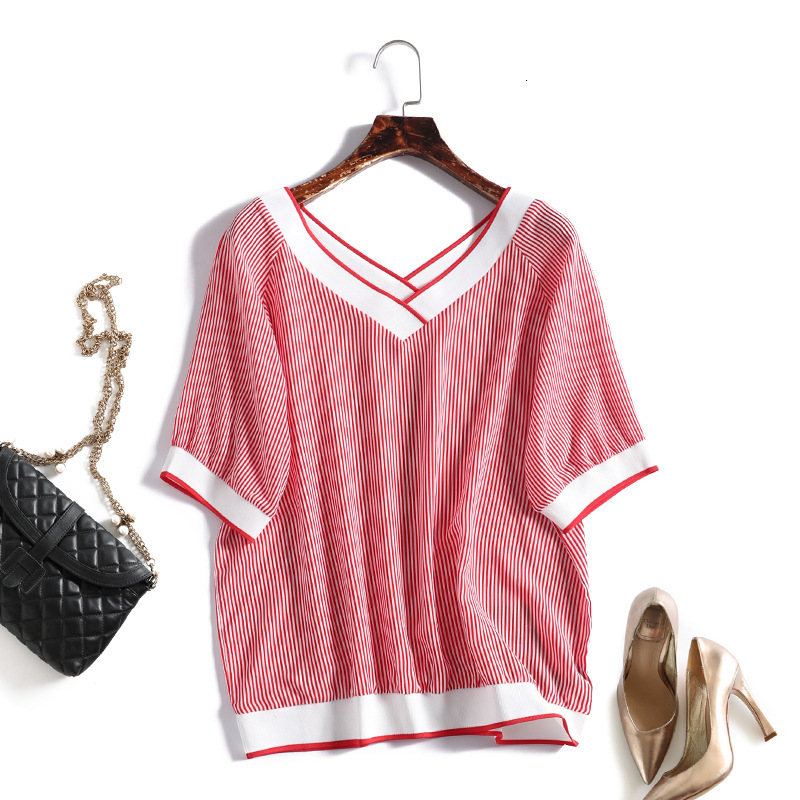 t shirt front and back v-neck design age reducing red stripe chiffon thin short sleeve women's summer fresh top, White
t shirt front and back v-neck design age reducing red stripe chiffon thin short sleeve women's summer fresh top, White
