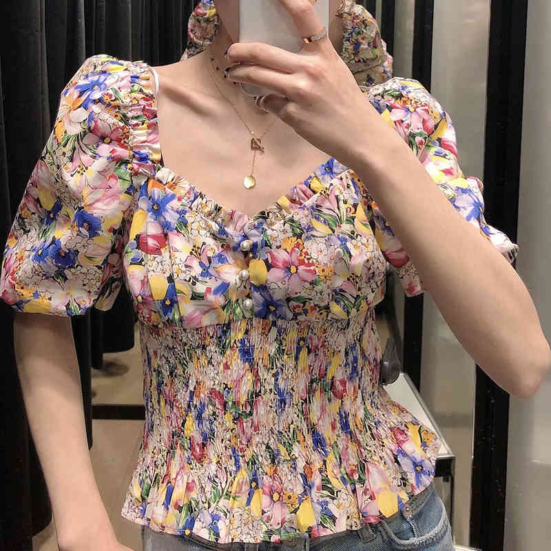 Pearl Floral Print Blouse Puff Short Sleeve Fashion Shirt Women Backless Elastic Waist Stylish Ladies Tops Summer Blusas 210515