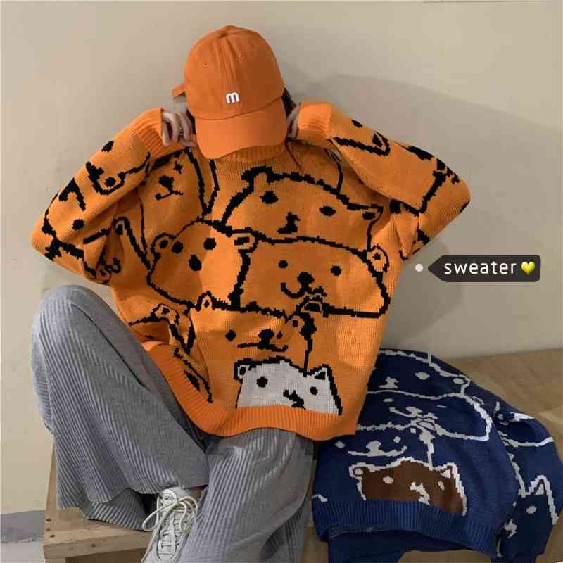 Spring Autumn Cartoon Bear Print Sweater Women Japanse Korean Pullover Kawaii Loose Casual Streetwear Tops 25943 210519