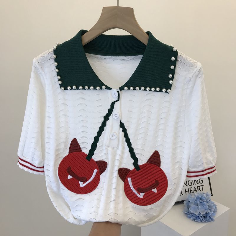 Summer Korean Women's Lapel Beaded Cherry Knit Sweater Fashion Pullover Embroidery Short Sleeve 210506