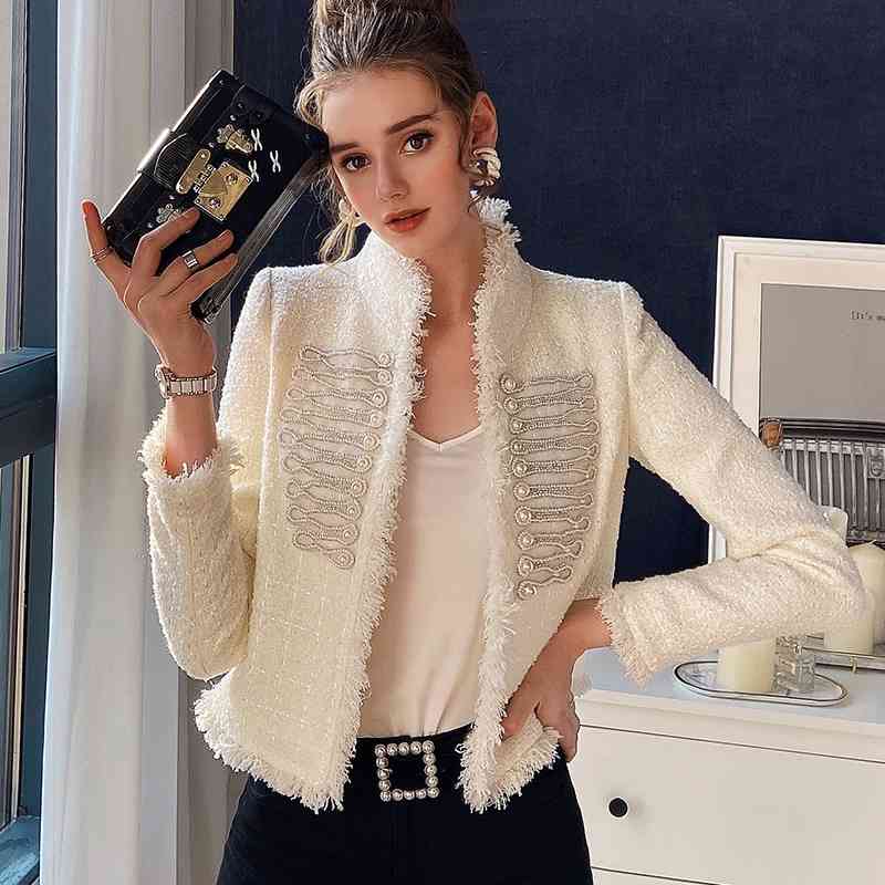 Dabuwawa Elegant Women Pearl Button Tweed Jacket Coat Long Sleeve Vintage Female Solid Outwear Coat Stand Collar DO1ASO004 210520