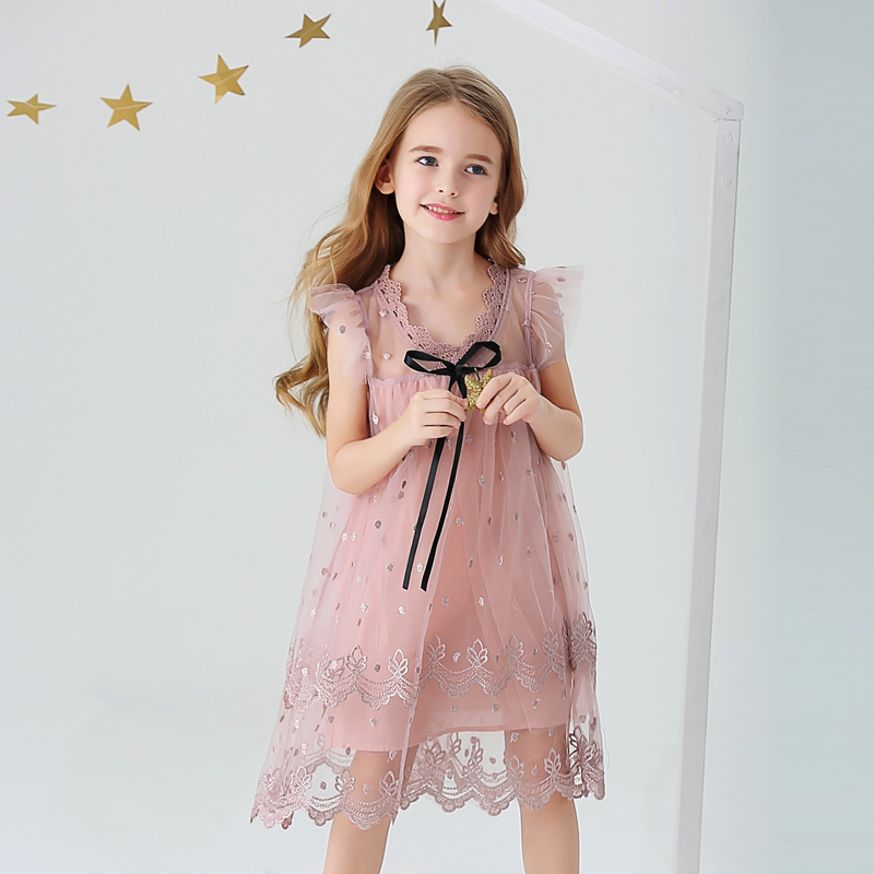 Girls Princess Dress Summer Kids Elegant Mesh Clothes Embroidery Floral Children Baby 210429