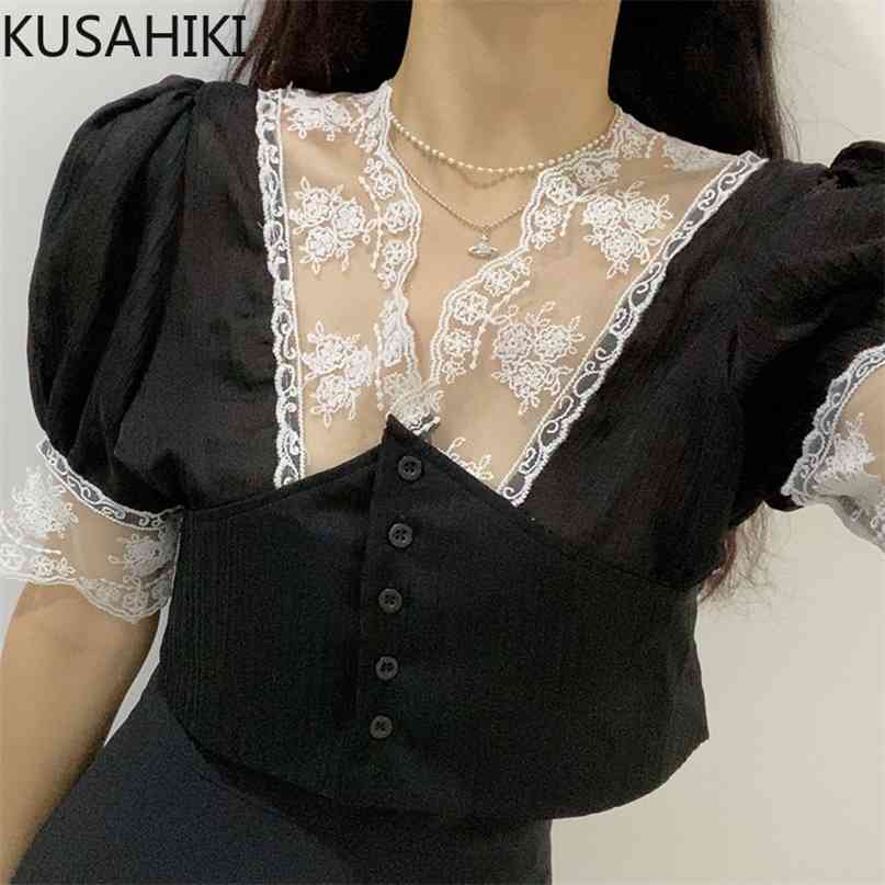 Lace Patchwork V-neck Woman Shirts Korean Puff Sleeve Single Breasted Blouse Slim Waist Short Blusas 6J516 210603, Black 
Lace Patchwork V-neck Woman Shirts Korean Puff Sleeve Single Breasted Blouse Slim Waist Short Blusas 6J516 210603, Black