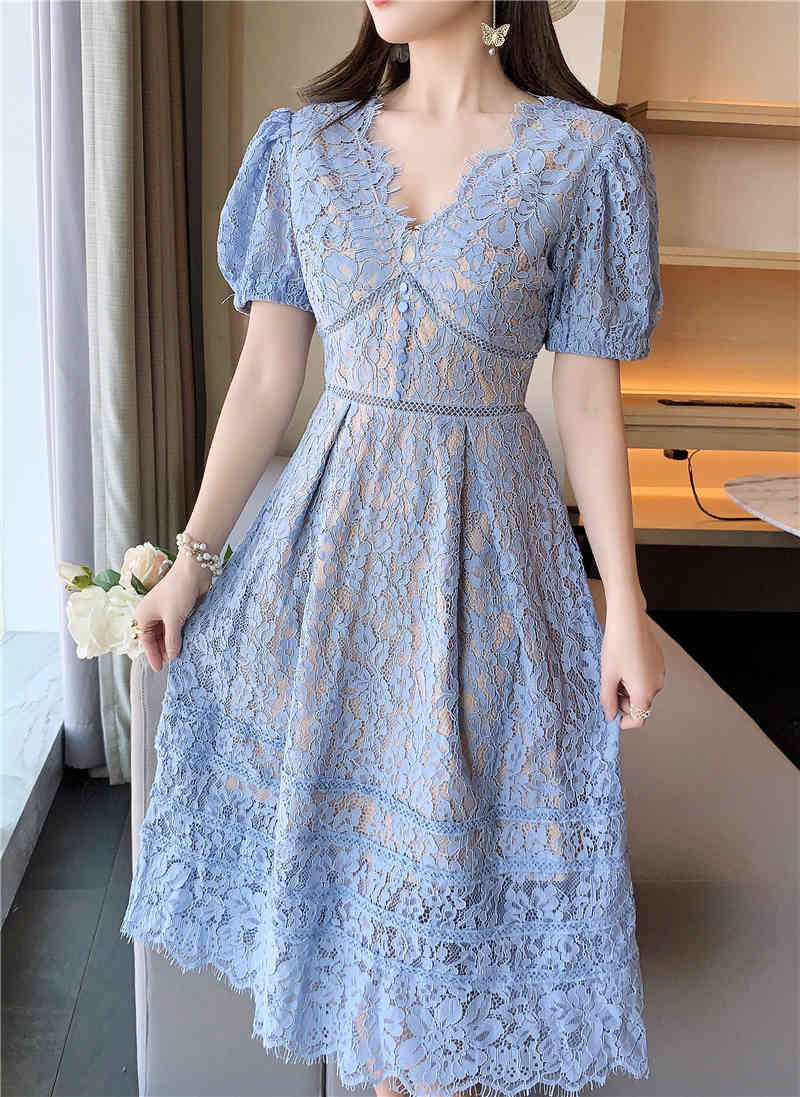 Arrived Summer Lace Dress For Woman Hollow Out V-Neck Vestidos Elegant Vintage Single-breasted Long Female 210519