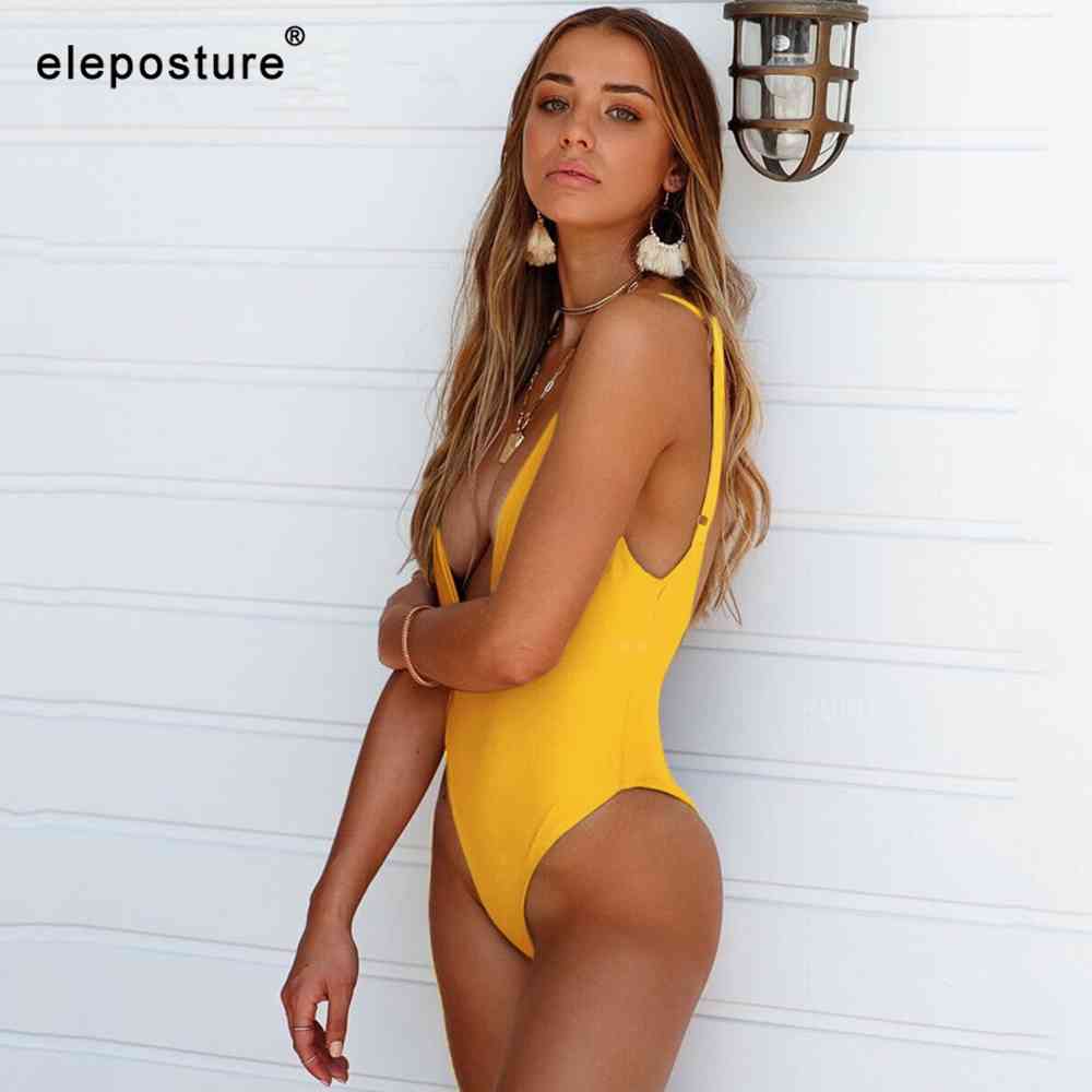 Sexy Deep V Neck Swimsuit Solid Color Swimwear Women Bodysuit Backless Monokini Bather Bathing Suit Beachwear 210521