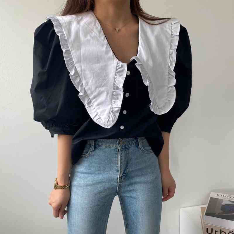 Korean Sweet Peter Pan Collar Lace Ruffled Shirt Women Summer Puff Half Sleeve Female Blouses Vintage Loose Ladies Tops 14252 210512