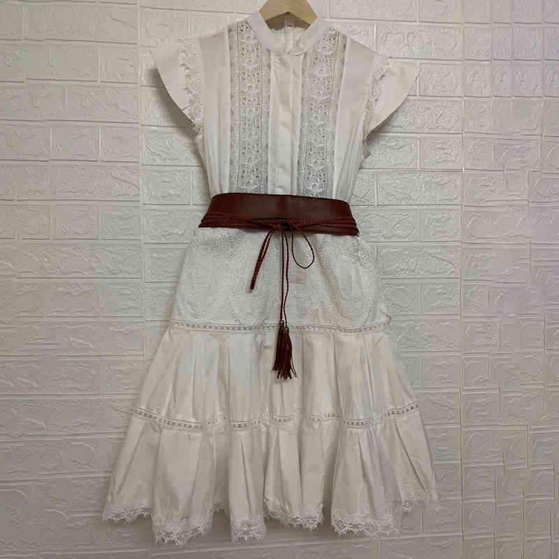 VGH Patchwork Lace White Dress For Women Stand Collar Sleeveless High Waist Sashes Midi Dresses Female Fashion Clothing 210421