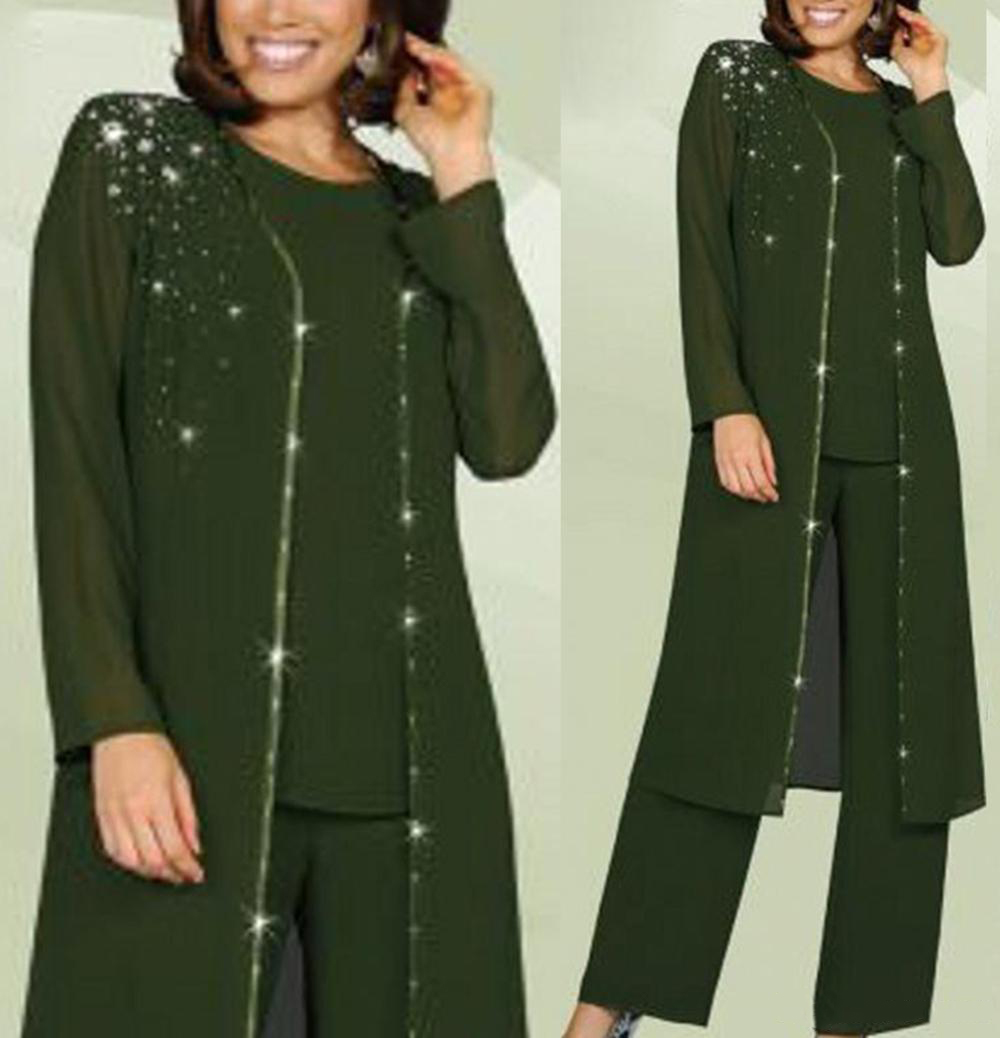 Mother Bride Pant Suits Women 3 pieces elegant crystal decoration chiffon mother of the bride dress pants suit with jacket outfit for wedding groom