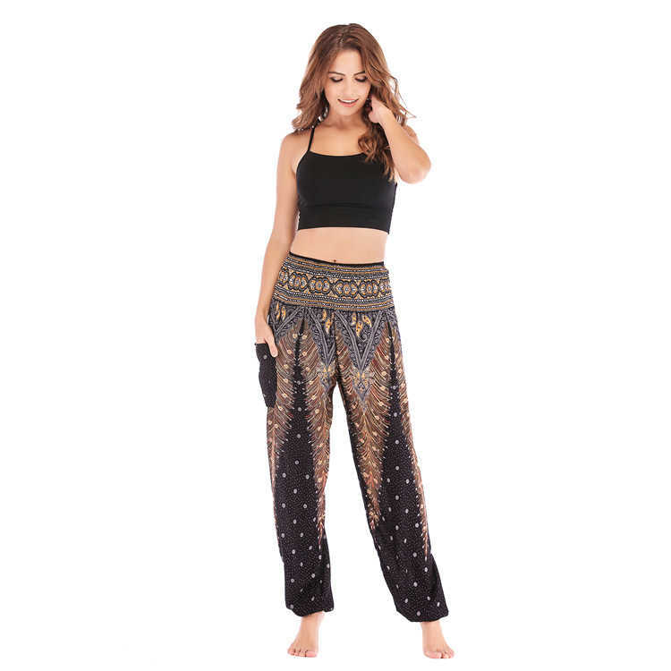 Thailand Peacock Feather Print High Waist Pants For Women Elastici Pocket Harem Woman Jogger Casual Baggy 210604