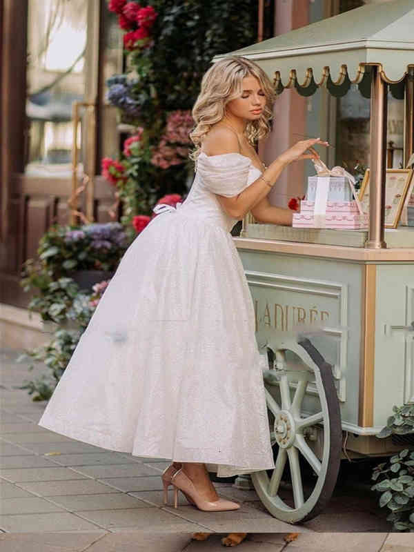Elegant Ankle- Length Short Wedding Dresses Boho White Ivory Tulle Satin Beach Robe De Mariee Princess Tiered Bridal Gowns