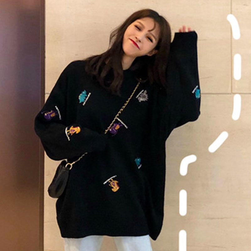 Autumn and Winter Fashion Women Sweaters Loose Pullovers Embroidery Sweater Long Sleeve O-neck Knitted Sweater 6028 50 210518