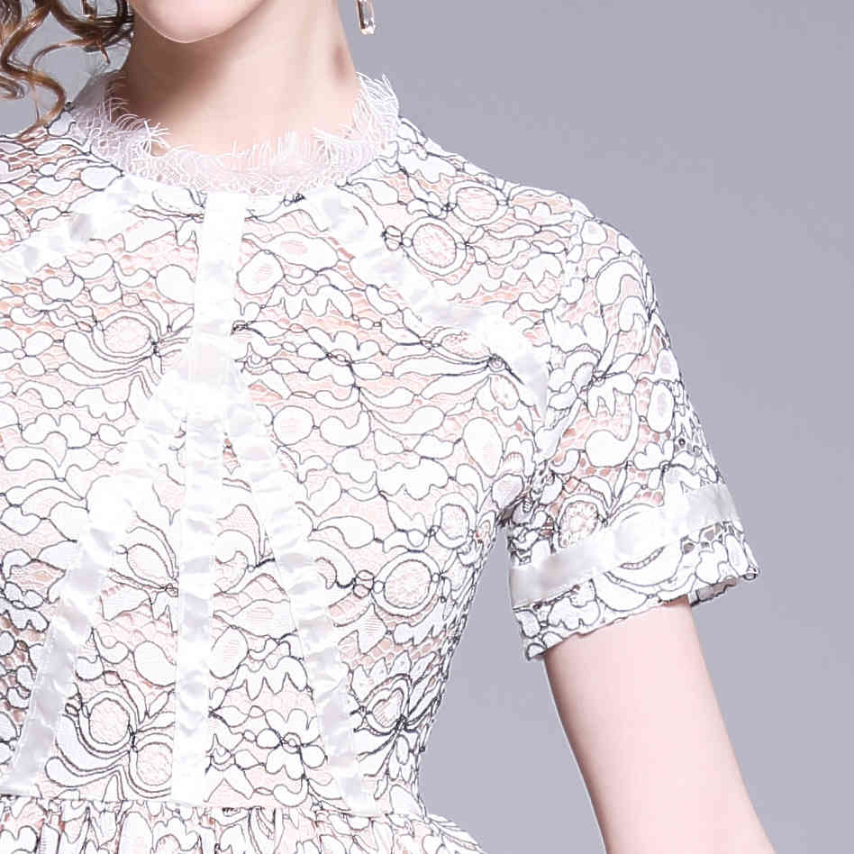 Summer Womans Short Sleeve Ladies Elegant Party Dress Lace Hollow Out Women Long Dresses Vestidos 210520