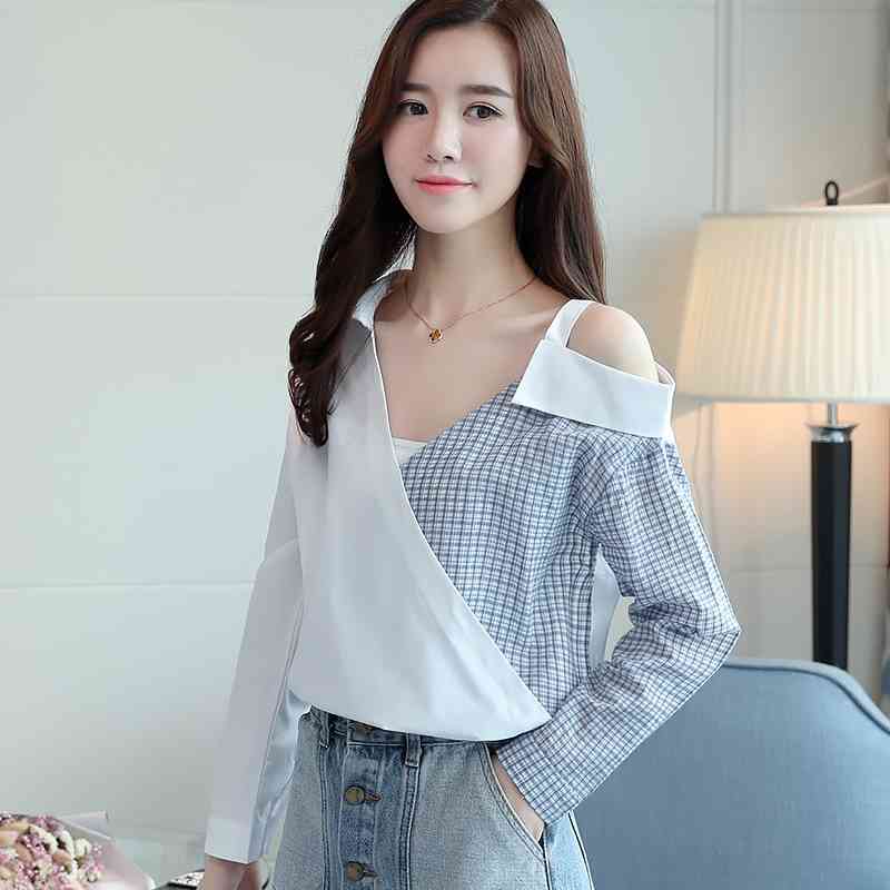 fashion long sleeve women clothing shirt summer sexy patchwork strapless blouse plaid 's tops blusas D832 30 210506