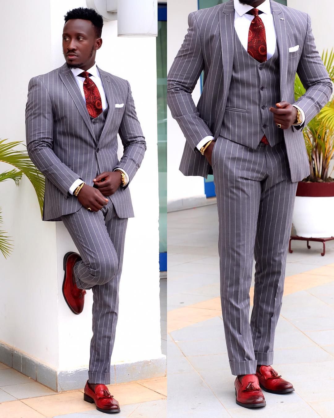 Three-Pieces Business Casual Single Breasted Men tuxedo Suits Vertical Stripes Slim Fit Wedding Banquet Suit