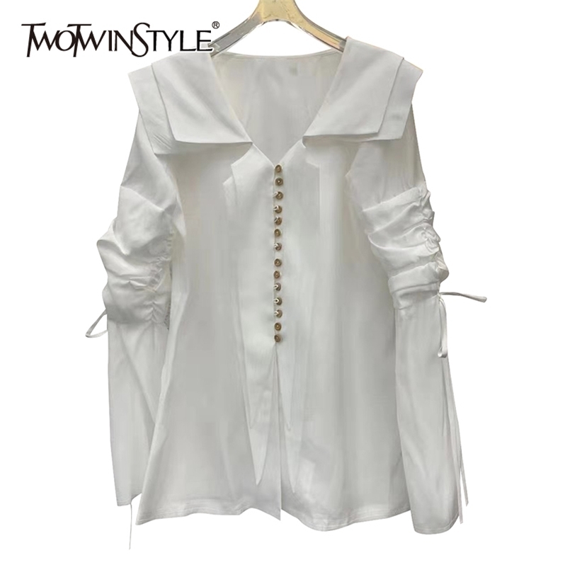 Minimalist Ruched Shirt For Women Sailor Collar Long Sleeve Casual White Blouse Female Fashion Clothing 210524
Minimalist Ruched Shirt For Women Sailor Collar Long Sleeve Casual White Blouse Female Fashion Clothing 210524