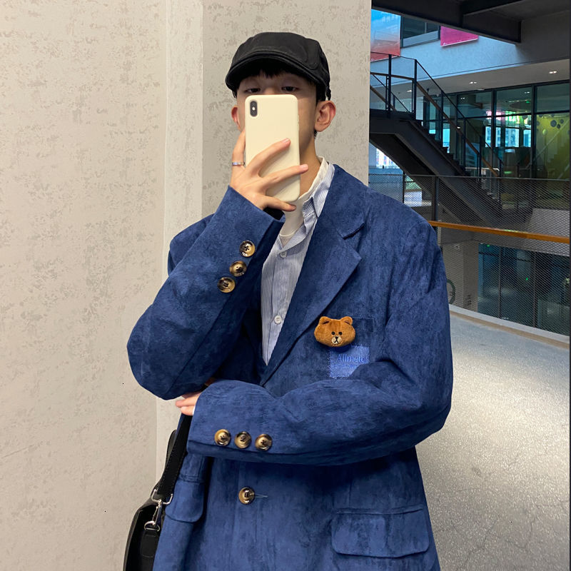 Casual Oversize Jackets: Printed Bear Graphic Loose Korean Style Suit Coat For Men And Women