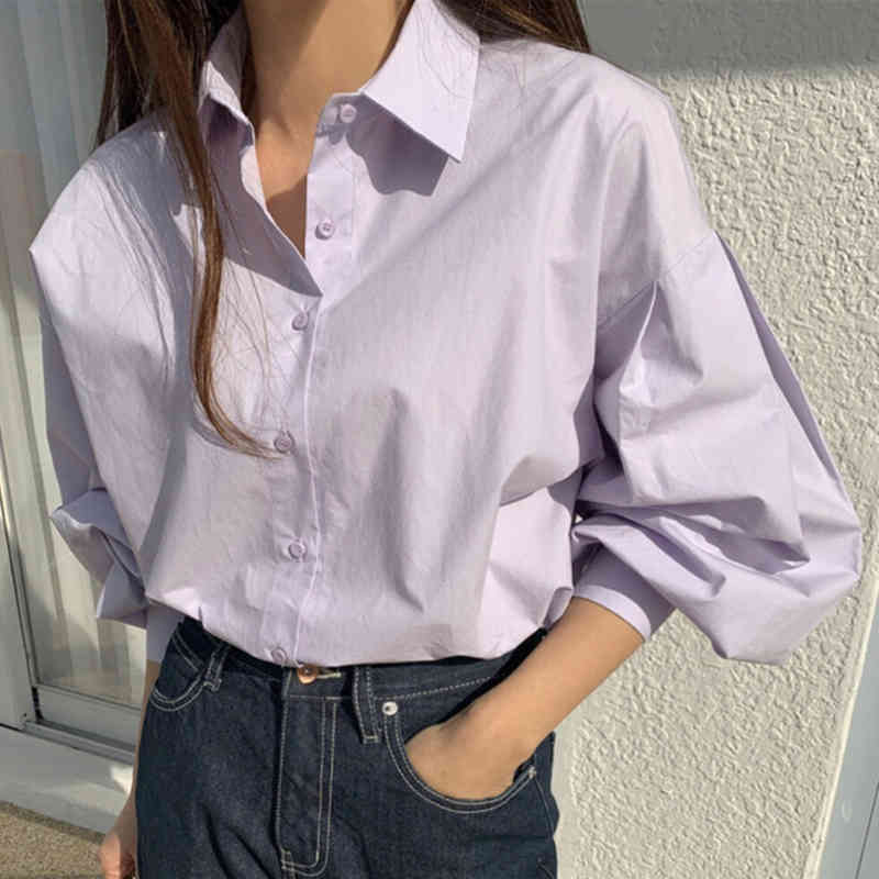 Minimalist Solid Color Blouse Women's Spring Lapel Single Breasted Long Sleeve Loose Shirt Female 8P127 210427
