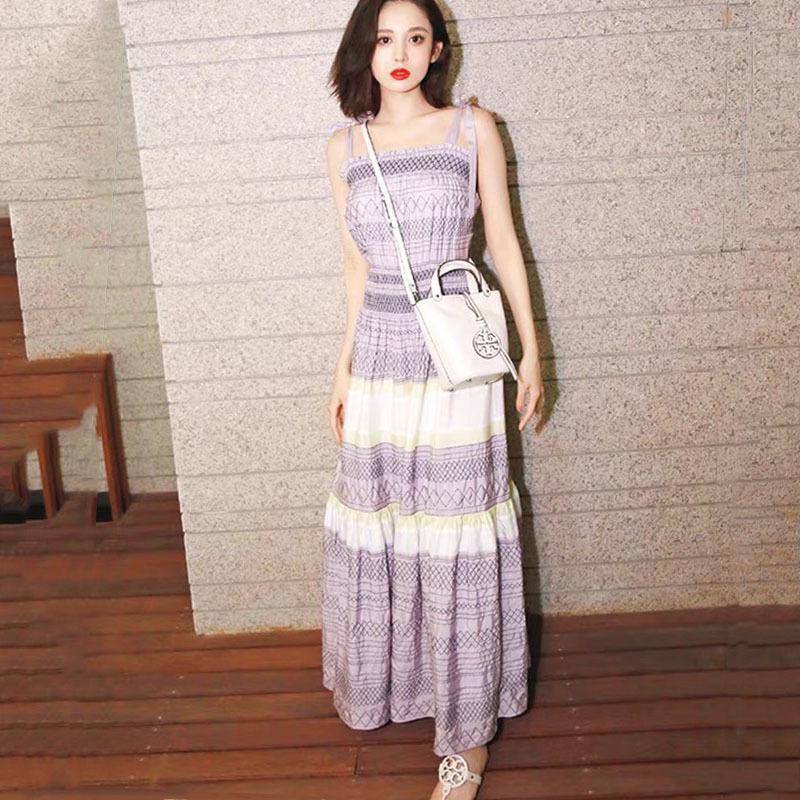 summer midi dress purple printed cotton spaghetti strap camisole holiday beach casual long dresses for women lady femme 210421