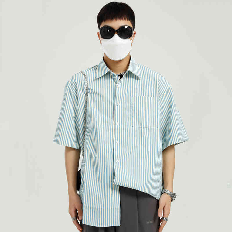 IEFB Men's Clothing Summer Simple Stripe Shirt Men's Fashion Personality Loose Casual Oversized Blue Shirts 9Y7458 210524