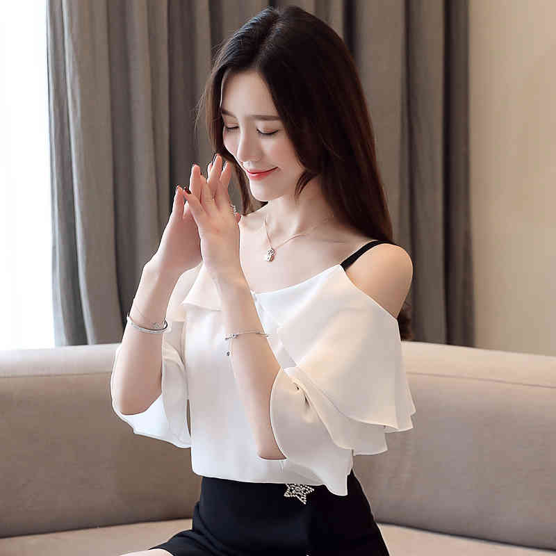 fashion woman blouses short sleeve women shirts white chiffon blouse shirt tops slash neck off shoulder top 3571 50 210506
