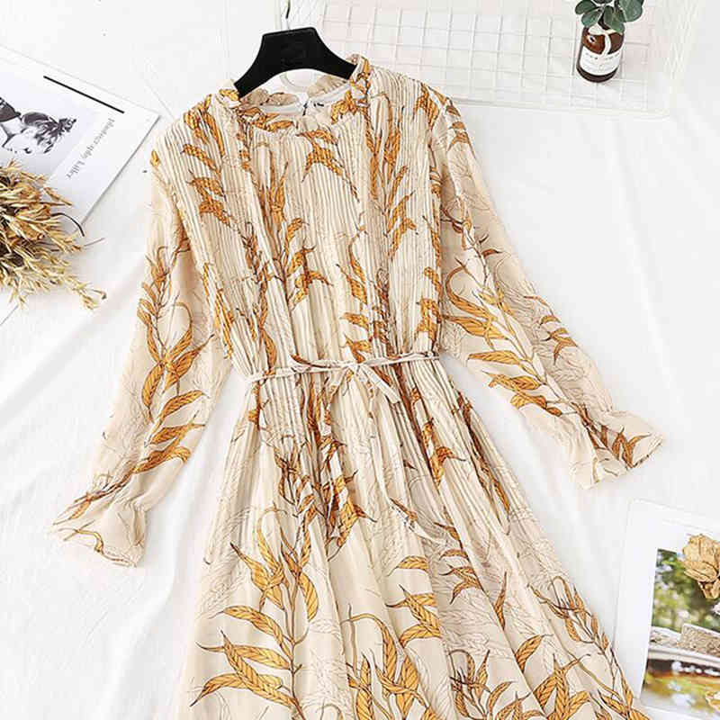 Vintage Long Sleeve Women Dress Spring Summer Floral Print Chiffon Pleated Dress Ruffled Long Dresses Plus Size Vestidos 210521