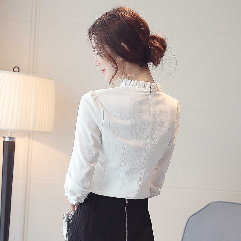 Korean Fashion Women Chiffon Shirt Woman Long Sleeve Blouse s Office Lady Hollow Out White Top Plus Size s 210531