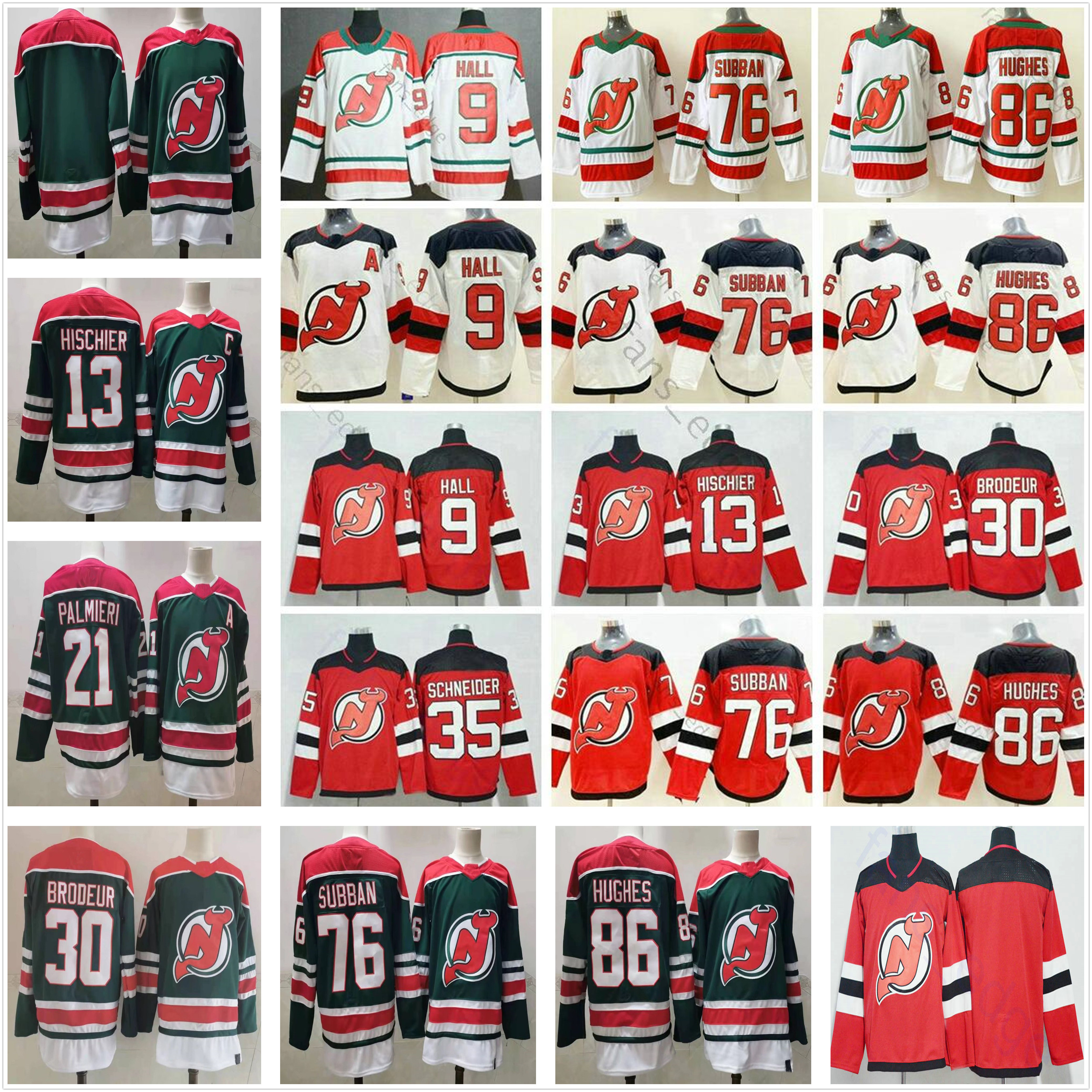 

2021 Reverse Retro Green New Jersey Devils Hockey 86 Jack Hughes 76 PK Subban 35 Cory Schneider 13 Nico Hischier 30 Martin Brodeur 9 Taylor Hall 21 Kyle Palmieri Jerseys, As picture