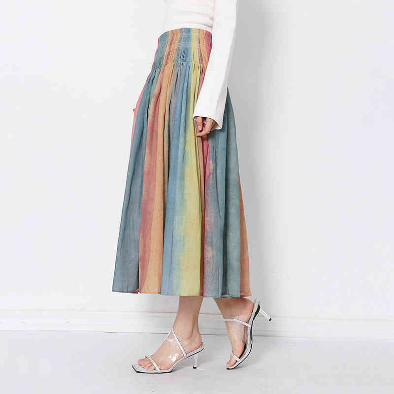 VGH Hit Color Striped Skirt For Women High Waist Elegant Casual Midi Skirts Female Fashionable New Clothing Spring Tide 210421