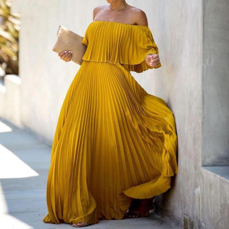 Casual Dresses Fashion Lady Pleated Long Party Dress Spring Summer Sexy Strapless Maxi Elegant Ruffle Off Shoulder Women Chiffon