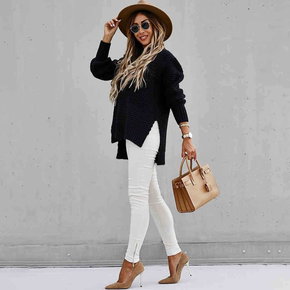 Woman Sweaters Side Slit Casual Ladies Solid Black Ribbed Knitted Jumper Pullover Tops Autumn Winter Clothes Fall Fashion 210415