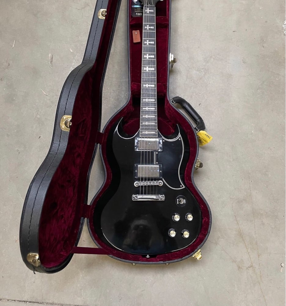 Rare Tony Lommi Signature SG Black Electric Guitar China EMG Pickups, Iron Cross Pearl Inlay, Grover Tuners, Chrome Hardware
Rare Tony Lommi Signature SG Black Electric Guitar China EMG Pickups, Iron Cross Pearl Inlay, Grover Tuners, Chrome Hardware