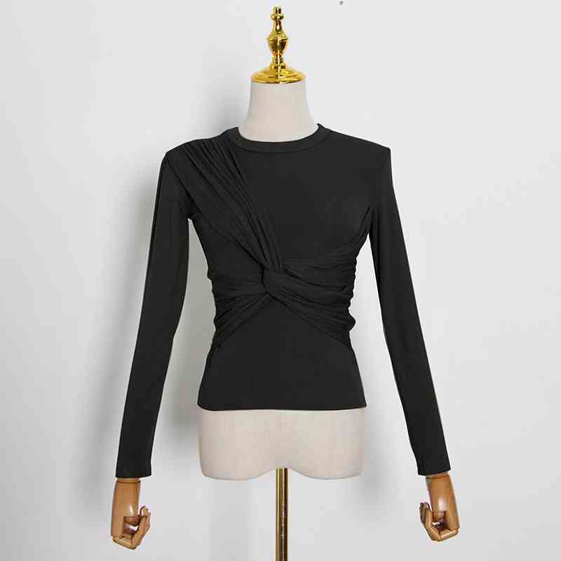 TWOTYLE Casual Black T Shirt For Women O Neck Long Sleeve Cross Ruched Slim Knitted Tops Female Fall Fashion 210406