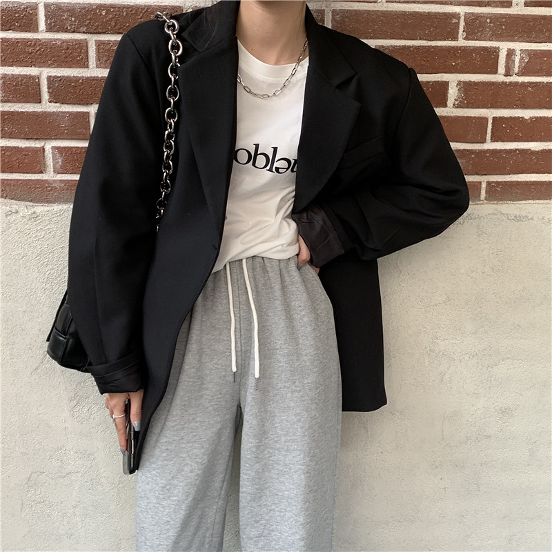 Spring Office Lady Streetwear Vintage Minimalist All Match Femme Loose Solid Jackets Casual Retro Blazers 210421