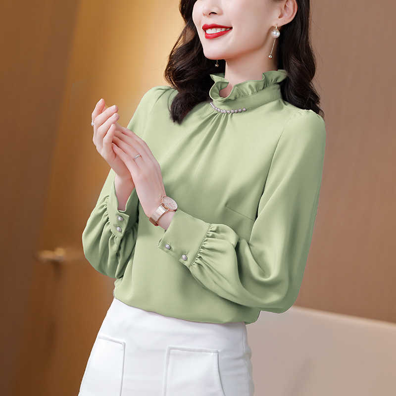 Korean Silk Women Blouses Woman Satin Beading Shirts Long Sleeve Shirt Tops Plus Size Ruffles Top 210604