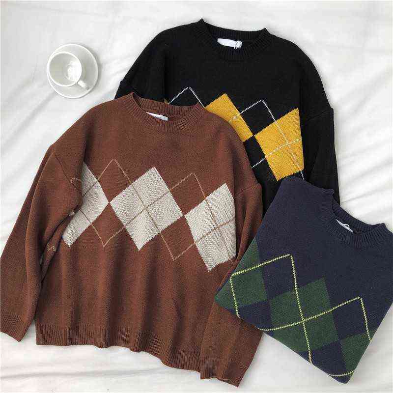 Women Argyle Knitted Sweater Autumn Winter O-Neck Oversized Pullovers Korean Preppy Style Loose Jumper Female Casual Sweaters 211218wtt