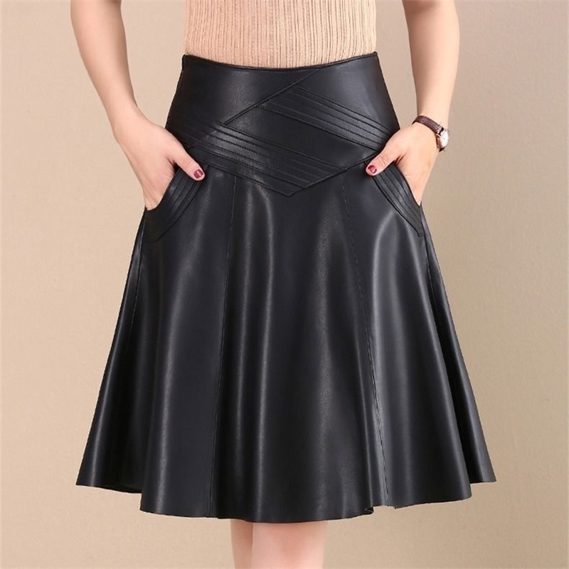 High Waist Leather Sheepskin A-Line Skirts Elegant Black Korean Womens Female Indie Folk Knee Length Ladies Office 210621