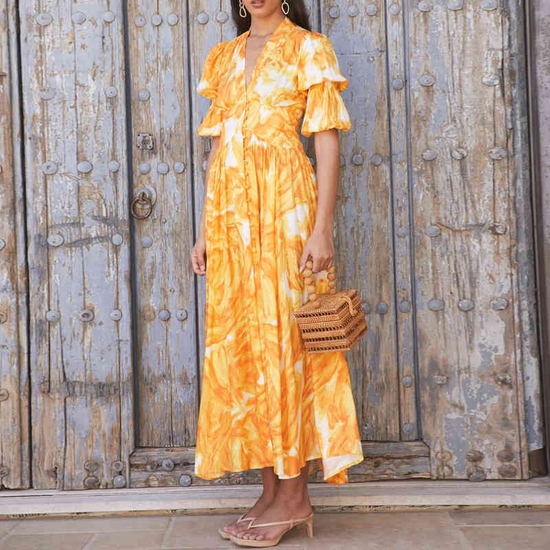 Women Dress V Neck Lantern Sleeve Printed Vintage es High Waist Large Hem Maxi es Retro Long Summer 210524