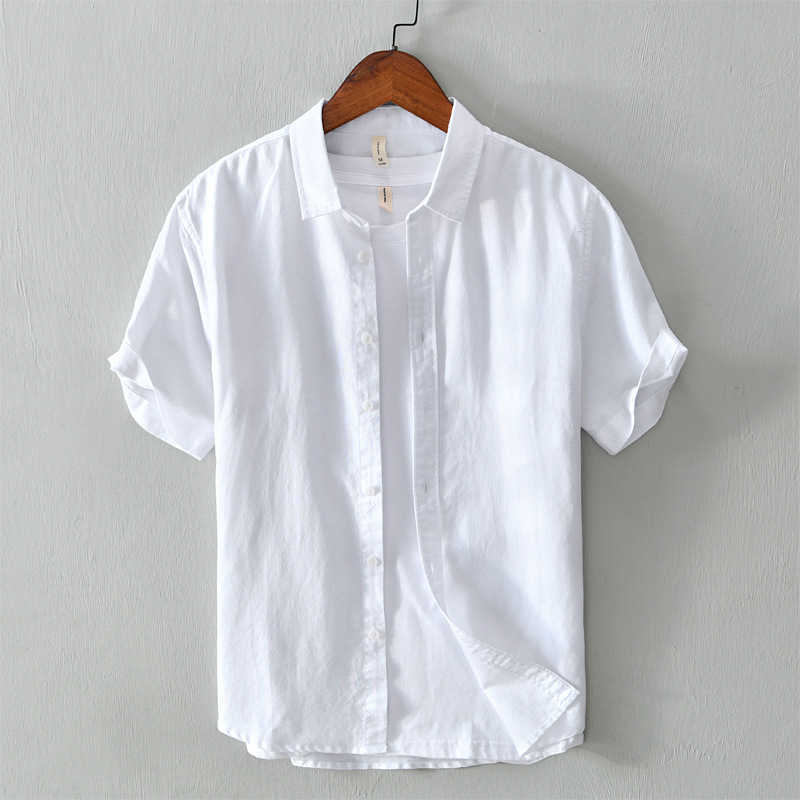 Linen Short Sleeve Shirts for Men Casual Plus Size 4XL Green Turn Down Collar Tops Male Summer Vacation Clothing 210601