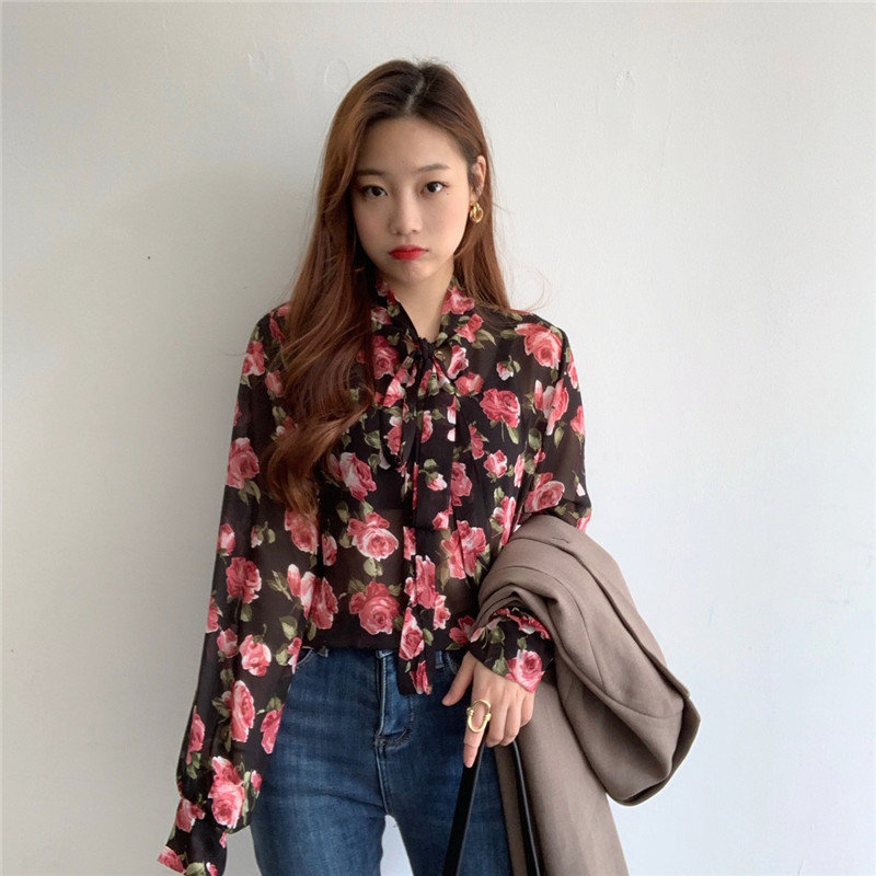 Brief Streetwear Korea Florals Retro All-Match Gentle Print Fresh Arrival Chic Office Lady Basic Shirts 210421