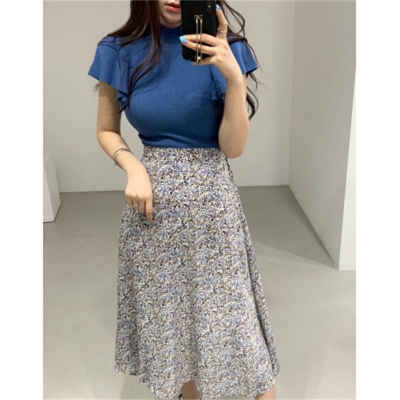 Summer Korean Fashion 2 Piece Skirt Sets Outfits Women Blue Tops + Printed Elastic Waist A-line Vintage Matching 210514