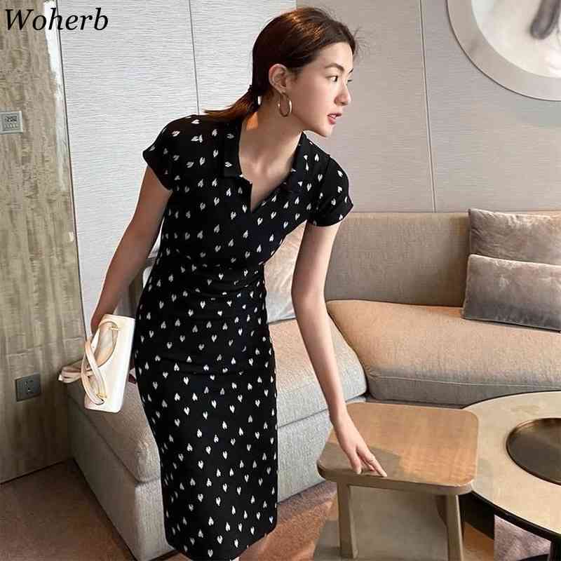 Knitted Sexy Vestidos Elegant Heart Print Black Dress Chic V-Neck Bodycon Pencil Robe Women All Match Dresses Femme 210519