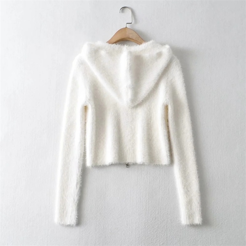 Women Zip Through Rib Fluffy Hooded Knit Cardigan Up Crop Sweater 210512