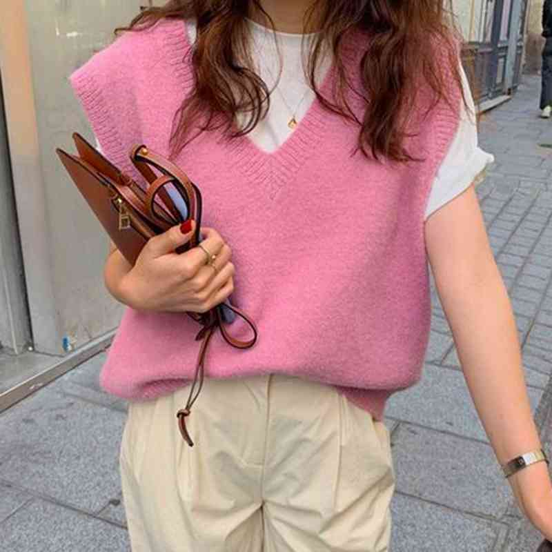 Sleeveless Loose Knitted Women Vintage Pullover V-neck Sweater Vest Autumn Winter Warm Sweaters Oversize 12231 210415