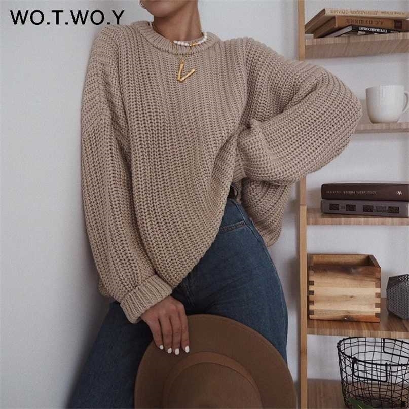 WOTWOY Elegant Autumn Oversized Sweater Women Solid Loose Knitted Sweaters Long Sleeve Pullover Female Jumper Cashmere 211011Z