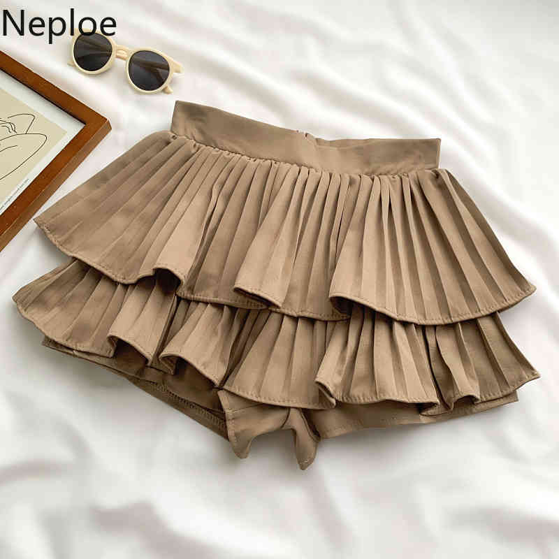 Neploe Elastic Waist Cake Shorts Skirts Women Fashion All Match Thin Pleated Wide Leg Pants Sweet Ruffles Cute Mujer Pantalones 210422