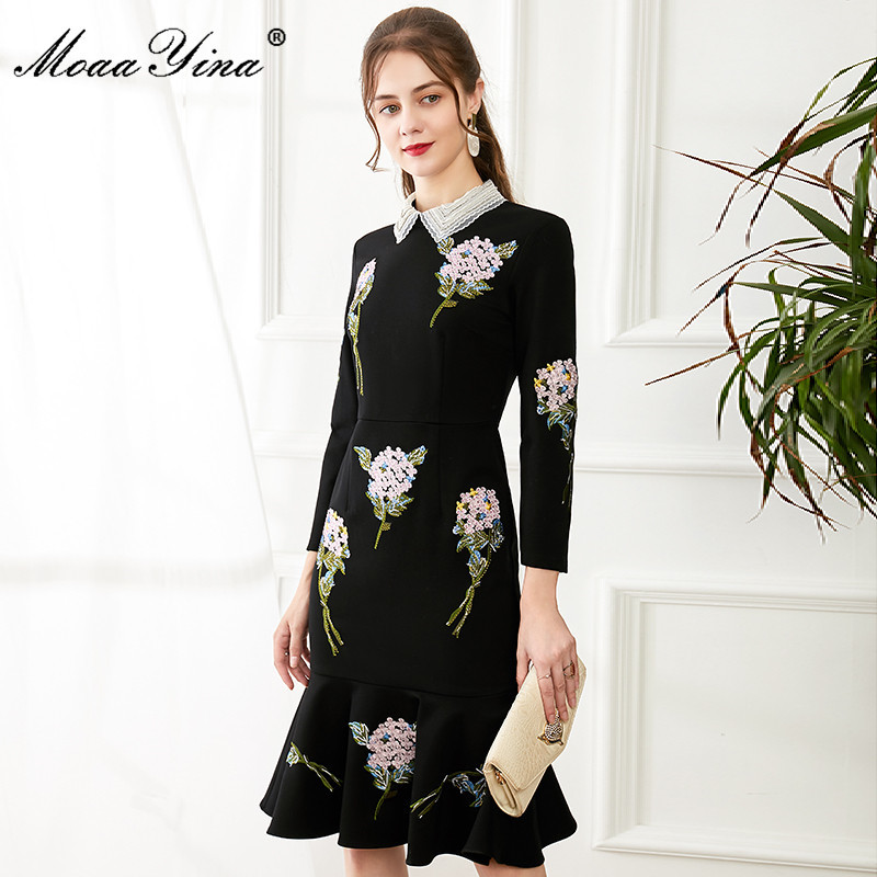 Spring Women Dress Beaded turn-down collar Rose Embroidery drilling Black Slim Package hip Elegant Mermaid Dresses 210524